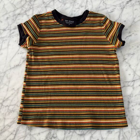 Tiny Whales Ribbed Stripe Tee Shirt Sz 7 - Picture 1 of 5